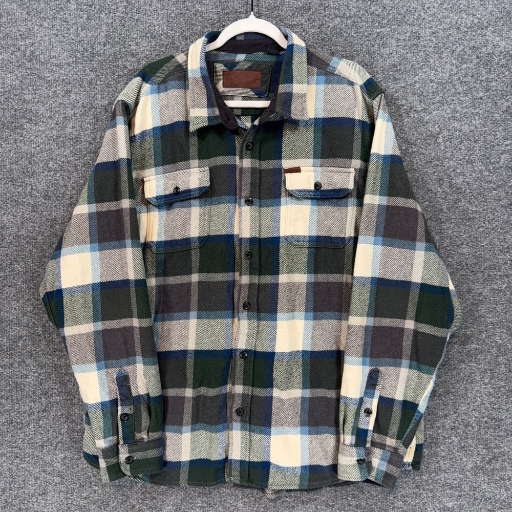 Orvis Flannel Shirt Mens XXL Green Blue Plaid Heavy Cotton Button Up Shacket